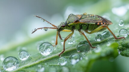 Macro view of an insect resting on a fresh green leaf under gentle irrigation water spray, ultra-realistic macro photography, sharp insect details, natural colors, bright daylight