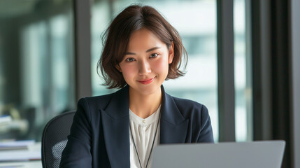 Fototapeta premium ネイビー色のスーツを着た女性OLのビジネス風景