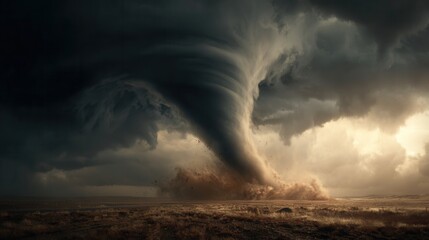 Powerful tornado swirling above ground under dark storm clouds, colossal rotating funnel, violent dust and debris vortex at the base, towering supercell thunderstorm, apocalyptic mood