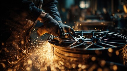 Skilled auto mechanic repairing a car wheel with flying sparks, precision automotive service, professional craftsmanship, focused mechanic wearing protective gloves, workshop environment