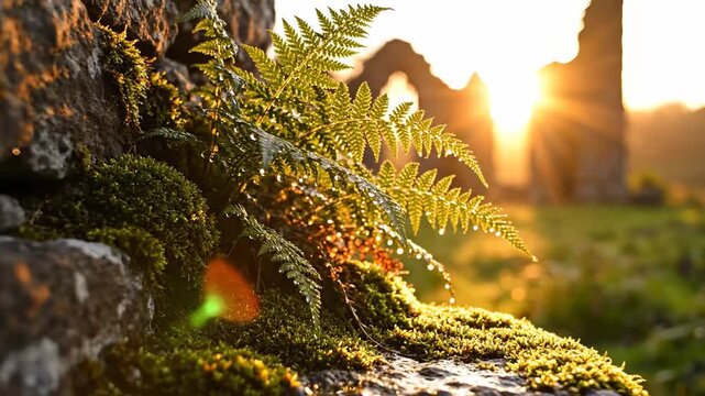 The sunlight streams through the fern leaves, illuminating the vibrant green moss at the stone base. This stone base is adorned with lush moss and delicate fern leaves reflecting the glow.