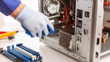 Computer Technician Assembling PC Hardware with Care.