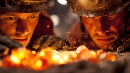 Two real miners closely examining rough glowing crystals embedded in a rock surface, bright realistic human faces, strong natural expressions, intense focus and teamwork