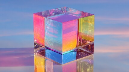 Vibrant translucent glass cube reflecting neon pink, blue, and yellow light, placed on a glossy reflective surface, abstract futuristic setting, ultra-clean studio environment, bright luminous lightin