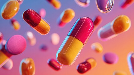 Vibrant pharmaceutical capsules and pills floating in mid-air against a colorful gradient background, symbolizing modern medicine, supplements, and healthcare innovation
