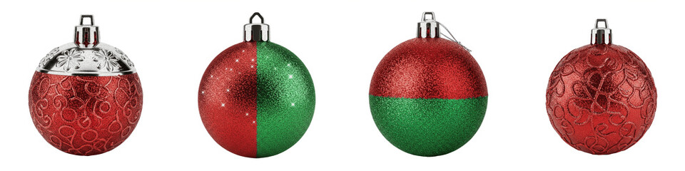 red Christmas baubles, festive holiday ornaments with glitter and floral patterns, seasonal tree...