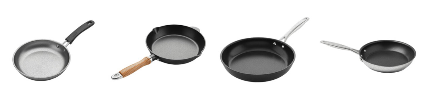 non-stick frying pans, professional skillet set, cast iron omelette pan, stainless steel cookware, induction compatible kitchenware, isolated on white background, png