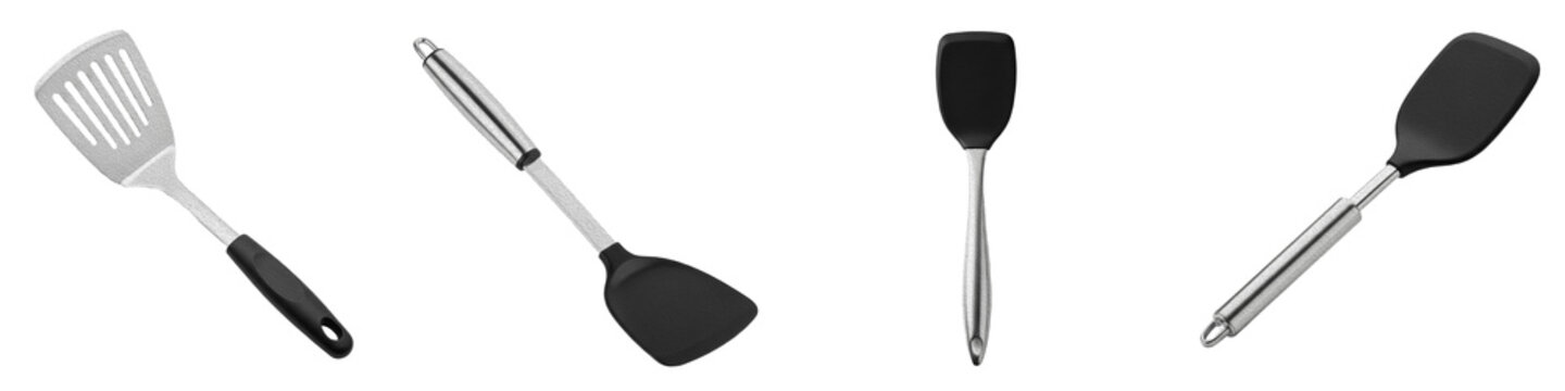 kitchen spatulas collection, stainless steel turner, silicone slotted flipper, cooking utensils, heat resistant tools, isolated on white, chef accessories, png
