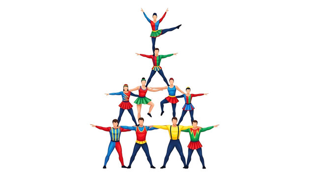 A group of acrobats forming a human pyramid in colorful costumes