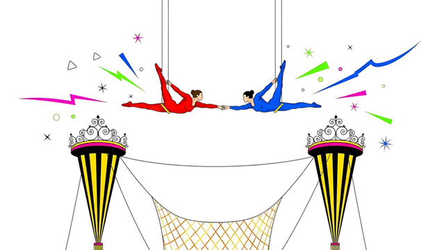 Two acrobats performing aerial stunts on trapezes with colorful lights and net