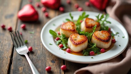 Heart shaped pan seared scallops served on a white plate with green herbs and red berries. A fork rests on a rustic wooden table next to the romantic seafood entree. Red hearts decor.