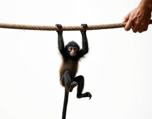 Small monkey hangs on rope an adult mans hand is near. Young primate displays agile climbing skill against plain white backdrop. Wildlife scene features solo monkey training.
