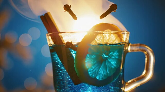 A vibrant blue cocktail features a lemon slice and cinnamon sticks as garnish, creating an eye-catching presentation. The drink shimmers under golden sunlight, enhancing the colorful elements.