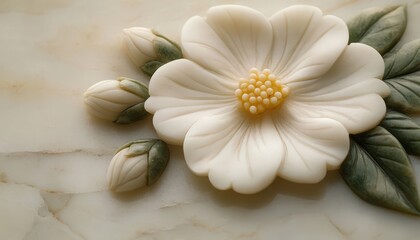 Three dimensional carving depicts a white blossom and buds set against a veined stone surface
