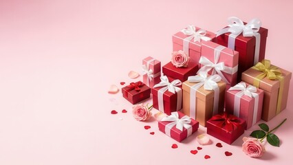 Group of festive red and pink gift boxes with roses scattered on light pink background with copy space
