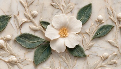 Detailed floral bas-relief sculpture featuring a central blossom set against a marble texture