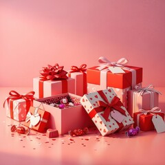 Fototapeta premium Assortment of valentine's day gifts, candies, and glitter on a pink background