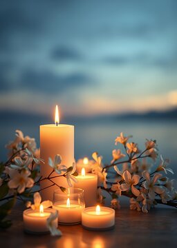 Tranquil condolence background with lit candles and delicate white flowers symbolizing remembrance and peaceful farewells at funerals funeral flowers funeral flower death grief ceremony floral loss de