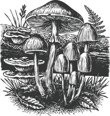 Whimsical forest scene engraving art transparent and eps