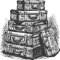 Stacked vintage trunks engraving art transparent and eps