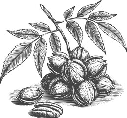 Botanical illustration almonds leaves sketch engraving art transparent and eps