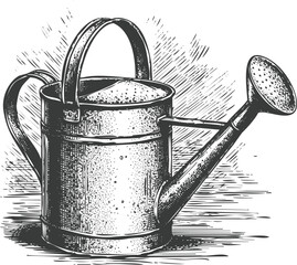 Vintage watering can sketch monochrome engraving art transparent and eps