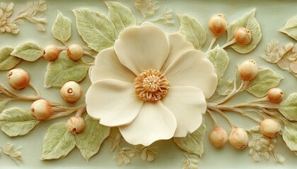 Intricate bas relief sculpture depicts a large blooming flower surrounded by leaves and berries