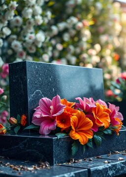 Dark gray polished granite rectangular tombstone adorned with vibrant pink and orange flowers under soft natural light with blurred floral background funeral flowers funeral flower death grief ceremon
