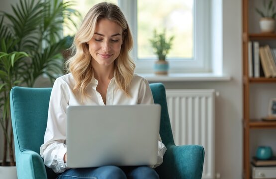 Young woman smiles while using laptop, sitting in armchair at home. She consults online via video call, working remotely. Virtual communication, tech, wellness, comfortable workspace.