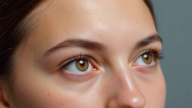 Close-up of a Young Woman's Beautiful Eyes and Natural Eyebrows Looking Upwards