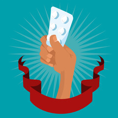 Raised fist holding pill blister symbolizing access to medication and healthcare