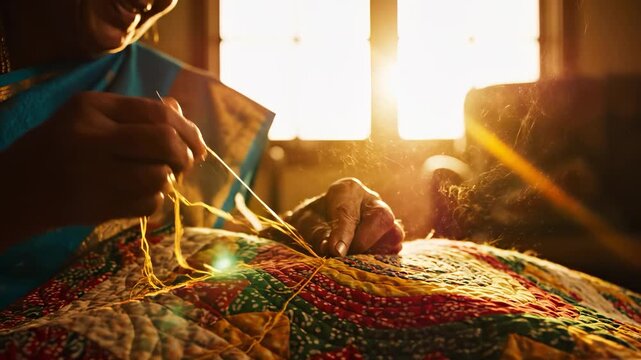 An elderly woman skillfully stitches a colorful quilt in warm golden sunlight streaming through the window. The quilt and stitches create a serene scene filled with craftsmanship and warmth.