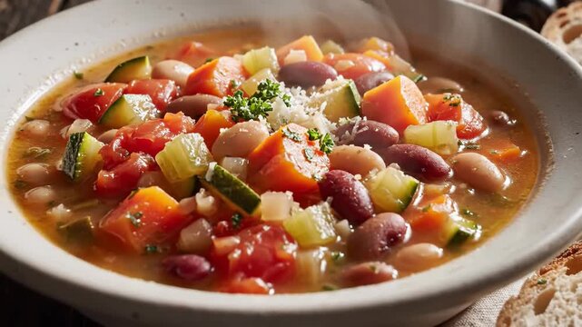 Hearty vegetable soup in bowl with bread slices on wooden table