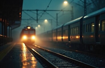 Fototapeta premium Train arrives at foggy station on rainy night. Headlights shine through mist and rain illuminating tracks. Train cars reflect warm station lights on wet platform.