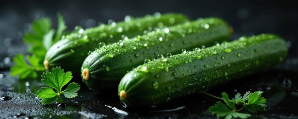 Fresh green cucumbers with water droplets and parsley leaves on dark wet surface. Close up macro shot of healthy vegetables, ideal for food blogs, recipes, healthy eating.