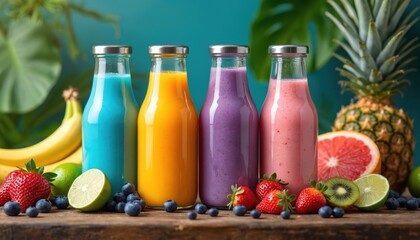Four glass bottles hold colorful kefir smoothies beside fresh fruits like strawberries blueberries and kiwi. A pineapple and grapefruit slice complete this vibrant healthy drink assortment.