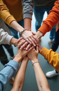 Diverse group of young adults place hands together in office. People show unity strength and support for charity. Teamwork in organization collaboration for common goal.