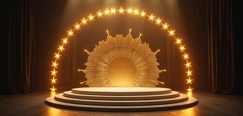Golden stage with circular platform and star lights. Luxurious award show backdrop, product launch event scene. Elegant theatre setting, premium presentation space.