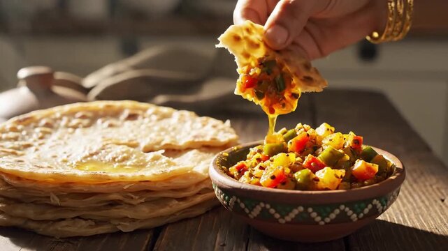 Womans hand reaches for flatbread near bowl of cooked food on wooden table