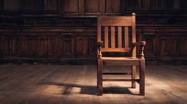 Courtroom Setting Features an Empty Chair Symbolizing Absence and Justice in a Clean and Organized Environment