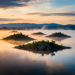 Serene Islands at Dawn with Misty Fog and Calm Waters Surrounding Rocky Landmasses