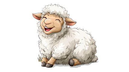 Charming Cartoon Sheep Sitting and Smiling in Vector Pose with Outline
