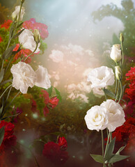 Eustoma lisianthus in fantasy tropical jungle garden, large flowers and greenery in misty fairy tale rainforest, plants on magical nature background with gleam of sky, dreamy atmosphere.