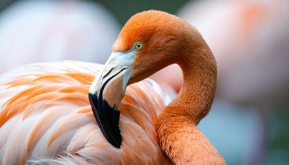 Close-up of a flamingo with vibrant orange and pink plumage.