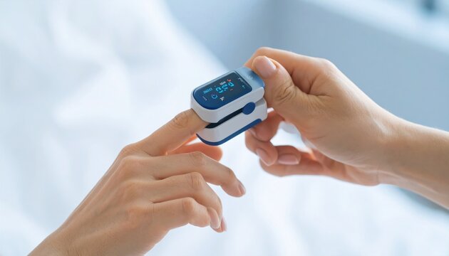 Close-up of a finger pulse oximeter on a finger.