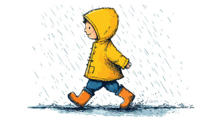 Adorable Boy Running in Raincoat and Boots Under Rain Vector Illustration