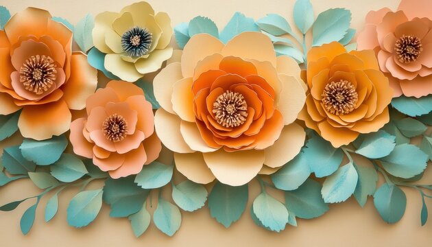Layered paper flowers in warm tones and teal foliage create a vibrant floral arrangement. - Powered by Adobe