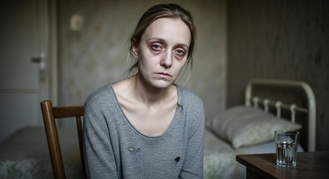 Pale young woman with dark circles and visible signs of anemia sits quietly in a bleak, simple room, conveying chronic fatigue, illness, and despair. A glass of water is nearby.