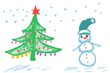 Snowman and christmas tree, children's style