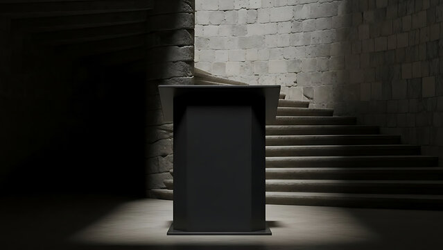 Modern black podium in dimly lit stone room with stairs